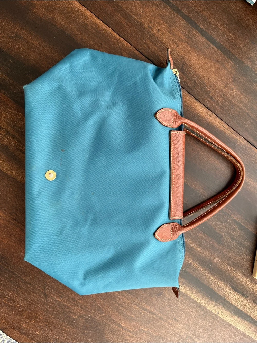 Longchamp Teal Nylon Le Pliage Small Tote Brown Leather Trim. 14”wide x 8”tall